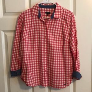 Talbots pink & white check blouse with blue inside cuffs
